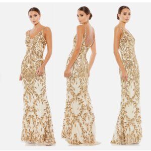 MAC DUGGAL 5107 EMBELLISHED LEAF GOLD/NUDE EVENING GOWN sz 4